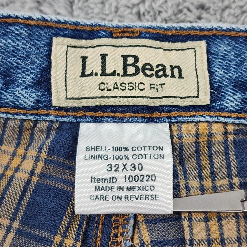 LL Bean Double L Jeans Mens 32x30 Denim Med Wash Plaid Flannel Lined Outdoor